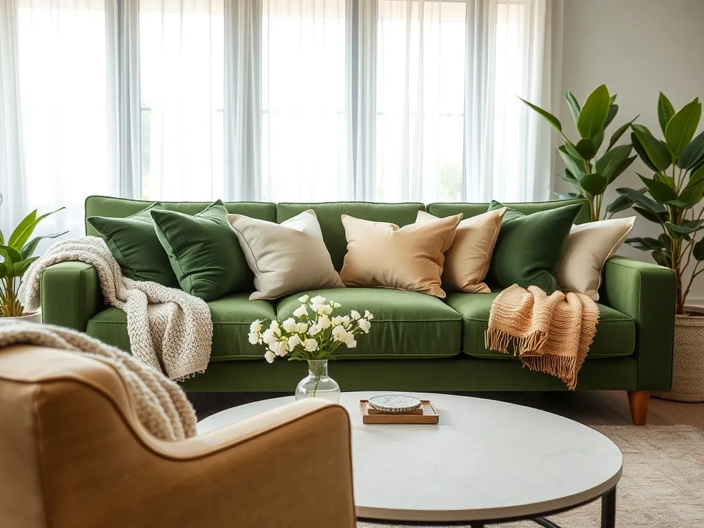 Zielona kanapa: jakie dodatki i zasłony dobrać do salonu?