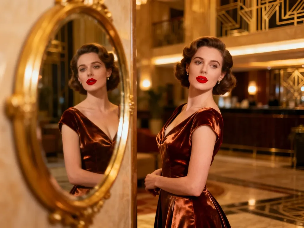 Kobieta w eleganckiej sukni z lat 50. pozująca w hotelowym lobby w stylu retro, podkreślająca klimat dawnego glamour.