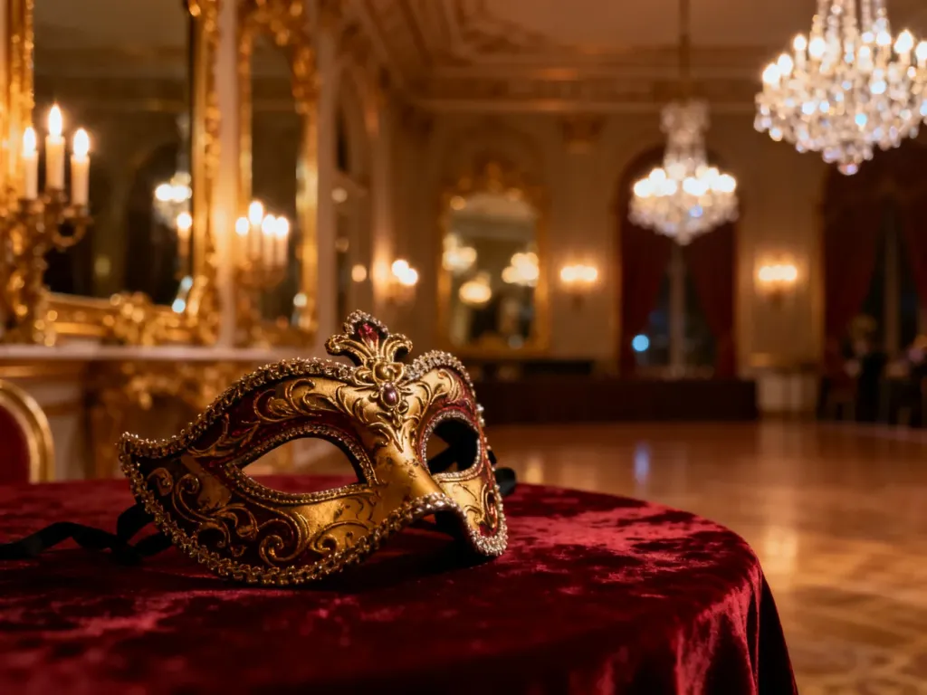 Ozdobna wenecka maska na aksamitnym stole w tle eleganckiej sali balowej z kryształowymi żyrandolami.