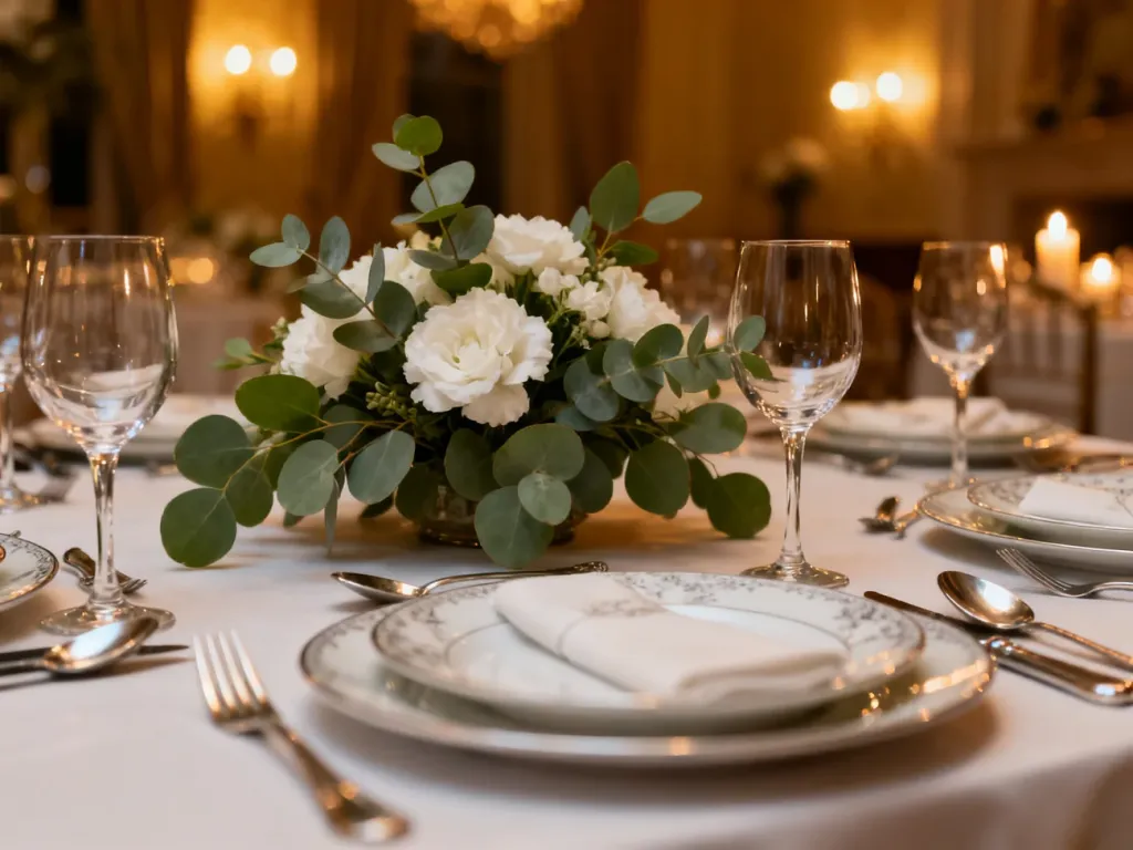 Elegancko nakryty stół z porcelaną, sztućcami i kwiatami, przygotowany na uroczyste przyjęcie w nastrojowym świetle świec.