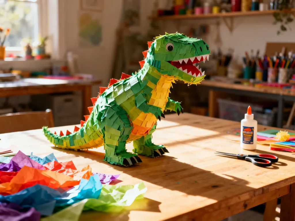 Ręcznie wykonana piniata w kształcie dinozaura na stole warsztatowym z narzędziami i materiałami do majsterkowania.