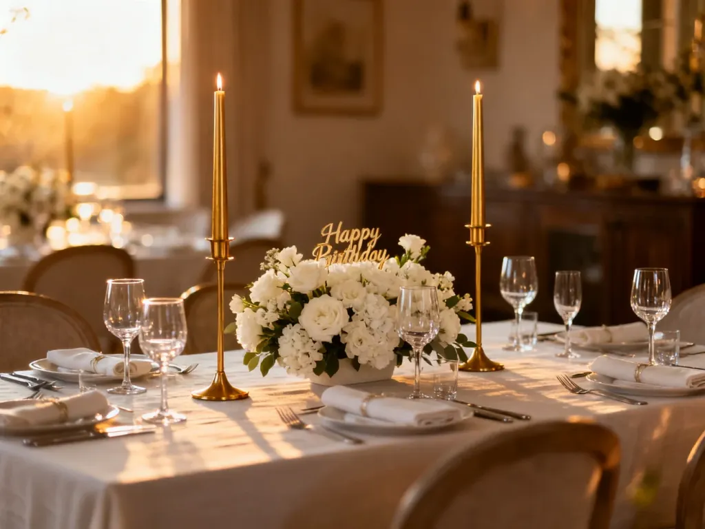 Elegancko nakryty stół urodzinowy z białymi kwiatami i złotymi świecznikami, tworzący wyrafinowaną atmosferę przyjęcia.