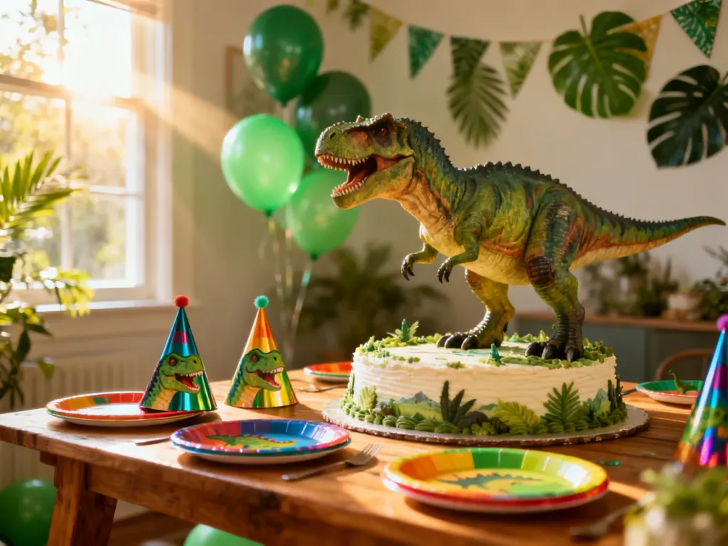 Kolorowe przyjęcie urodzinowe w stylu dinozaurów z tortem w kształcie tyranozaura, balonami i tematycznymi dekoracjami.