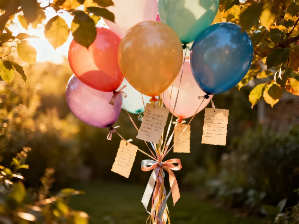 Kolorowe balony z przyczepionymi karteczkami unoszące się w słonecznym ogrodzie, idealne jako urodzinowa dekoracja.