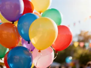Kolorowa girlanda z balonów w pastelowych odcieniach, stanowiąca dekoracyjną ramkę do zdjęć w ogrodzie.