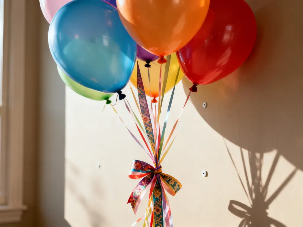 Kolorowe balony z helem przymocowane do ściany za pomocą profesjonalnych kropek klejących.
