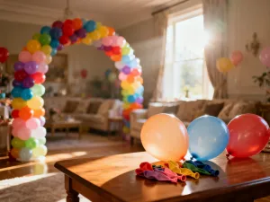 Kolorowe balony z ozdobnymi wstążkami unoszące się pod sufitem w przytulnym, nasłonecznionym salonie.