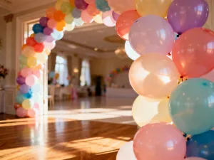 Kolorowe czapki urodzinowe i balony na podłodze w przytulnym, wieczornym świetle, symbolizujące koniec dziecięcego przyjęcia.