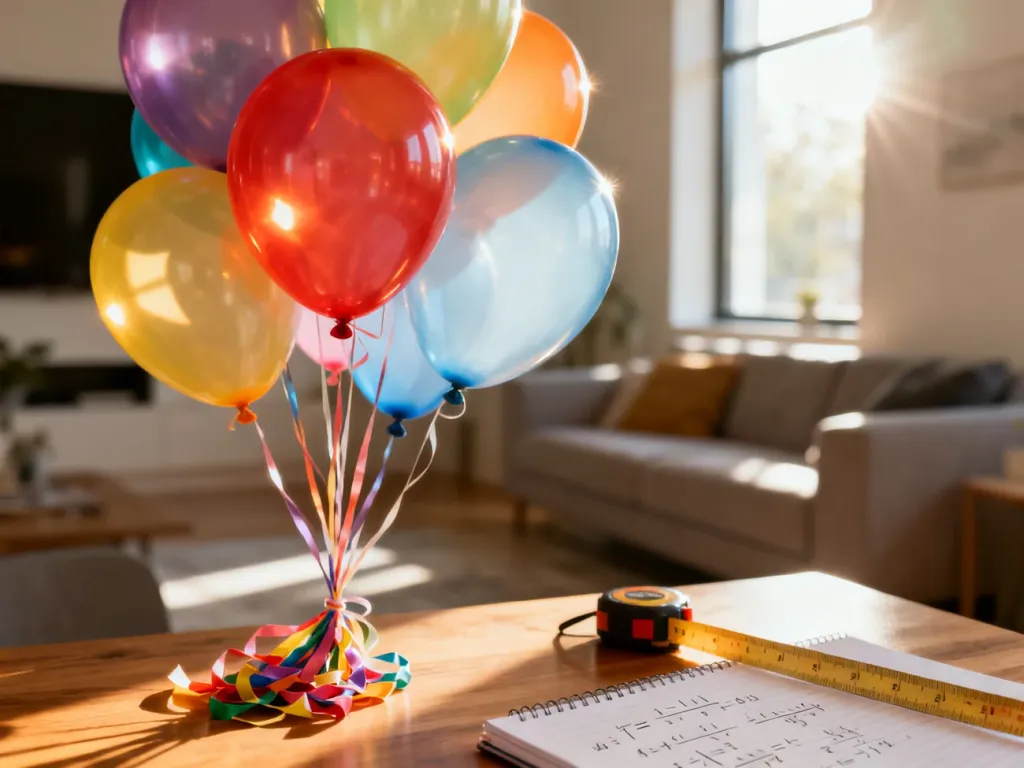 Kolorowe balony z helem w salonie, a w tle notatnik z obliczeniami potrzebnymi do przygotowania dekoracji.