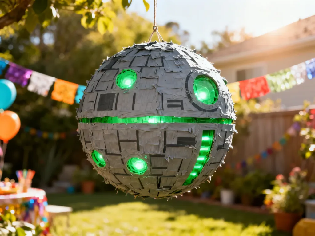 Własnoręcznie wykonana piniata w kształcie Gwiazdy Śmierci zawieszona w ogrodzie podczas przyjęcia w stylu Star Wars.