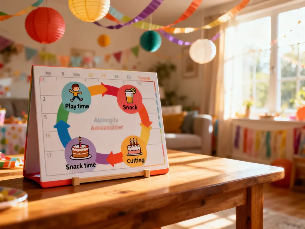 Kolorowa tablica z harmonogramem przyjęcia urodzinowego, przedstawiająca plan zabaw, przekąsek i tortu w przytulnym wnętrzu.