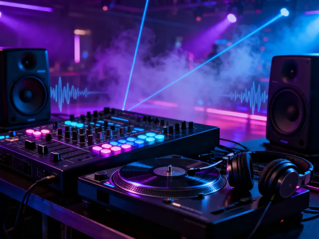Profesjonalny sprzęt DJ-ski w klubowym oświetleniu, budujący energetyczny klimat imprezy w stylu trap.