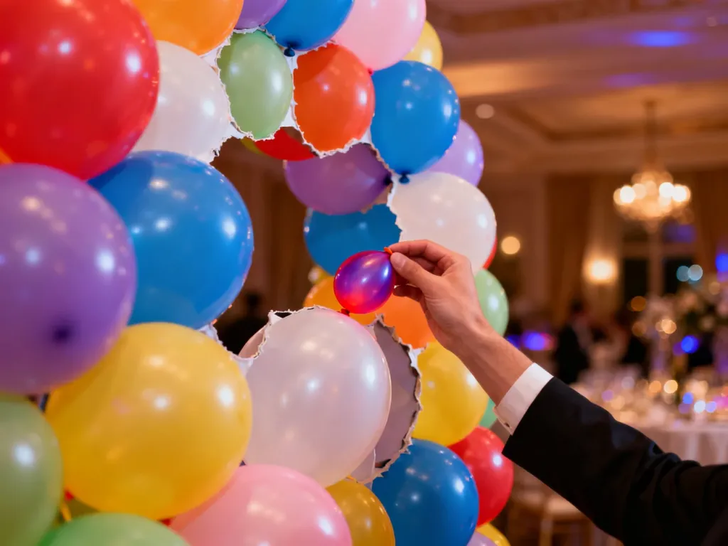 Dłoń umieszcza mały balon w wolnej przestrzeni girlandy, aby wypełnić lukę w dekoracji.