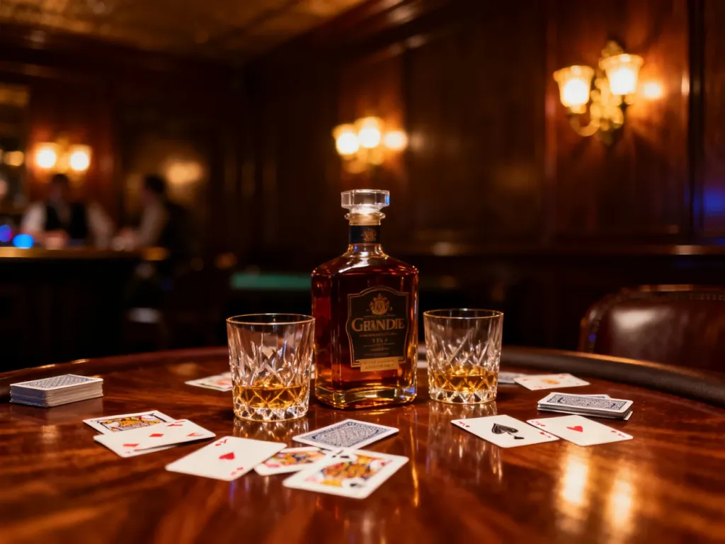 Elegancki stolik z whisky i kartami do gry w nastrojowym barze, idealny klimat na wieczór kawalerski.