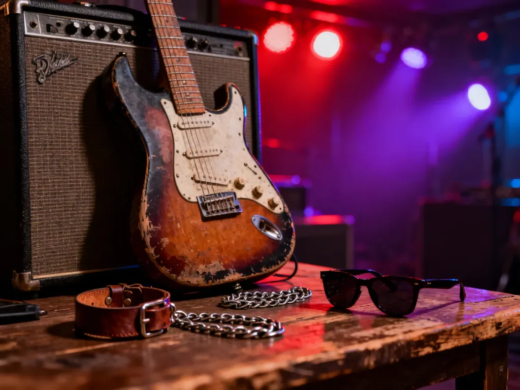 Gitara elektryczna, wzmacniacz i rockowe akcesoria w klimatycznym, koncertowym oświetleniu budujące rockowy nastrój.