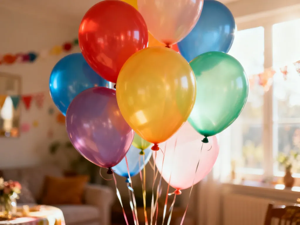 Pęk kolorowych balonów z helem w słonecznym pokoju, przygotowanych do naniesienia ozdobnego napisu okolicznościowego.