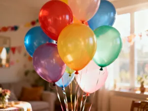 Przezroczysty balon z kolorowymi diodami LED na eleganckim patyczku, świecący w ciemnym otoczeniu z efektem bokeh.