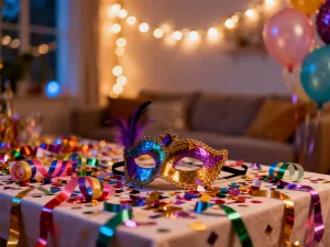 Kolorowa piniata z papier-mâché schnąca na drewnianym stole w słonecznej pracowni rzemieślniczej.