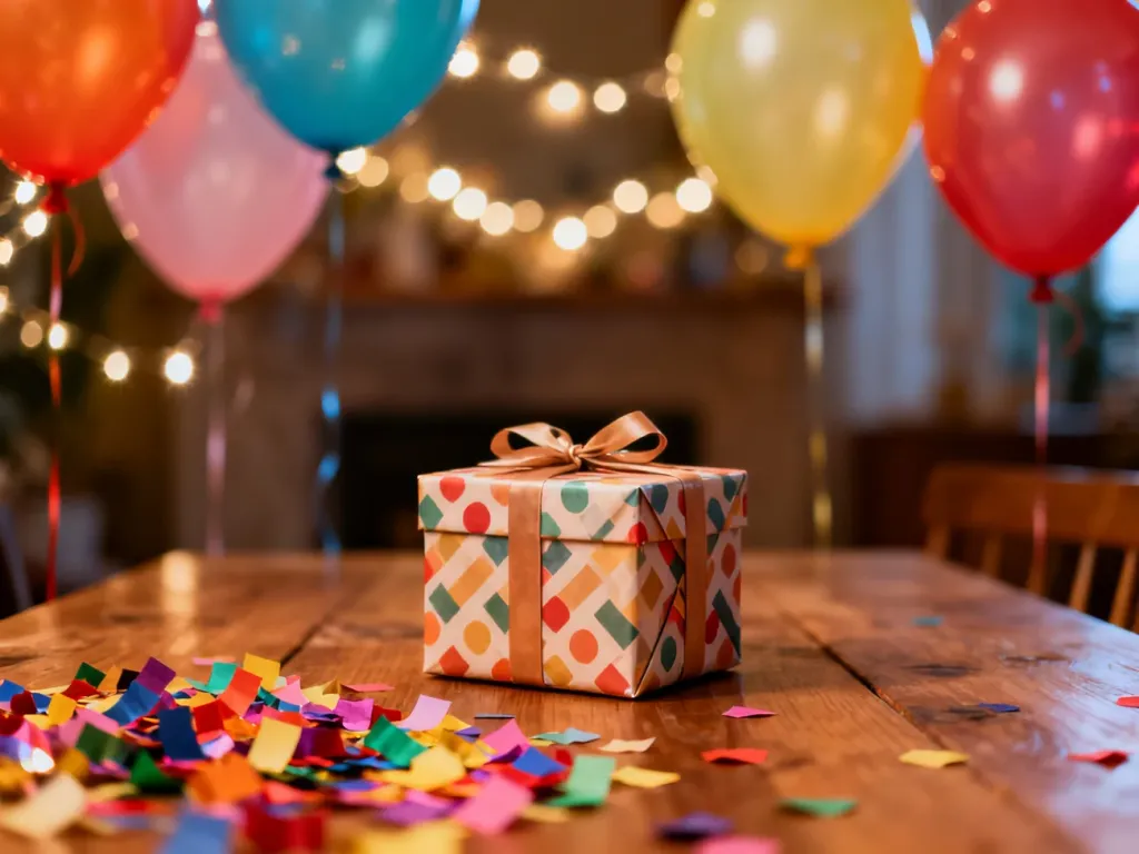 Kolorowe konfetti, balony i prezent na drewnianym stole, tworzące radosną atmosferę urodzinowego przyjęcia.