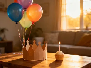 Kolorowe konfetti, balony i prezent na drewnianym stole, tworzące radosną atmosferę urodzinowego przyjęcia.