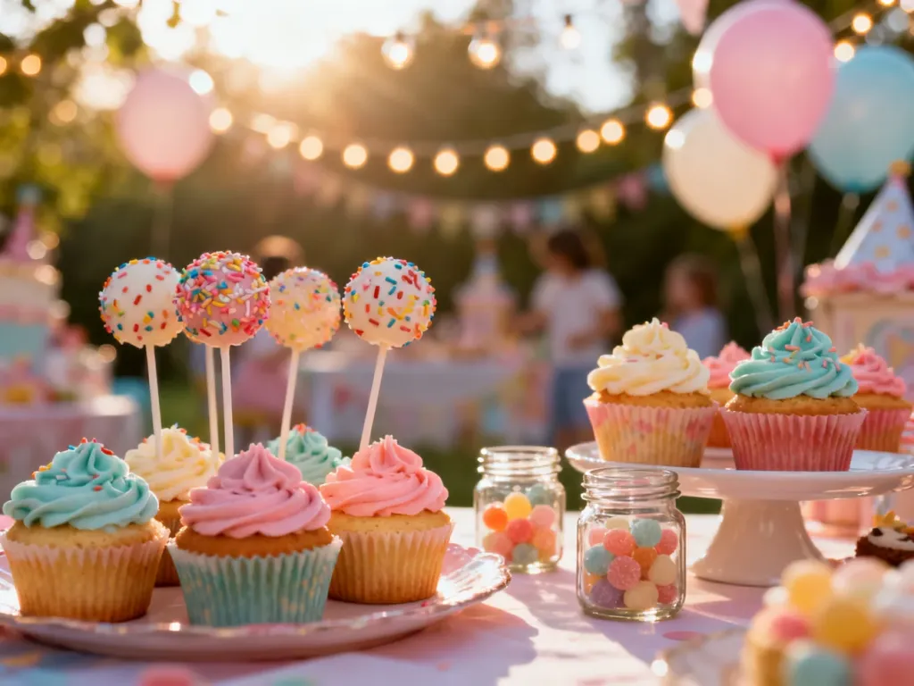 Kolorowy stół ze słodkościami, babeczkami i cake popsami, przygotowany na przyjęcie urodzinowe dziecka.