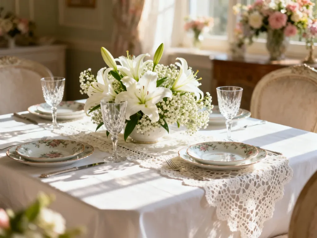 Elegancka aranżacja stołu komunijnego z białymi liliami, koronkowym bieżnikiem i porcelanową zastawą w jasnym wnętrzu.