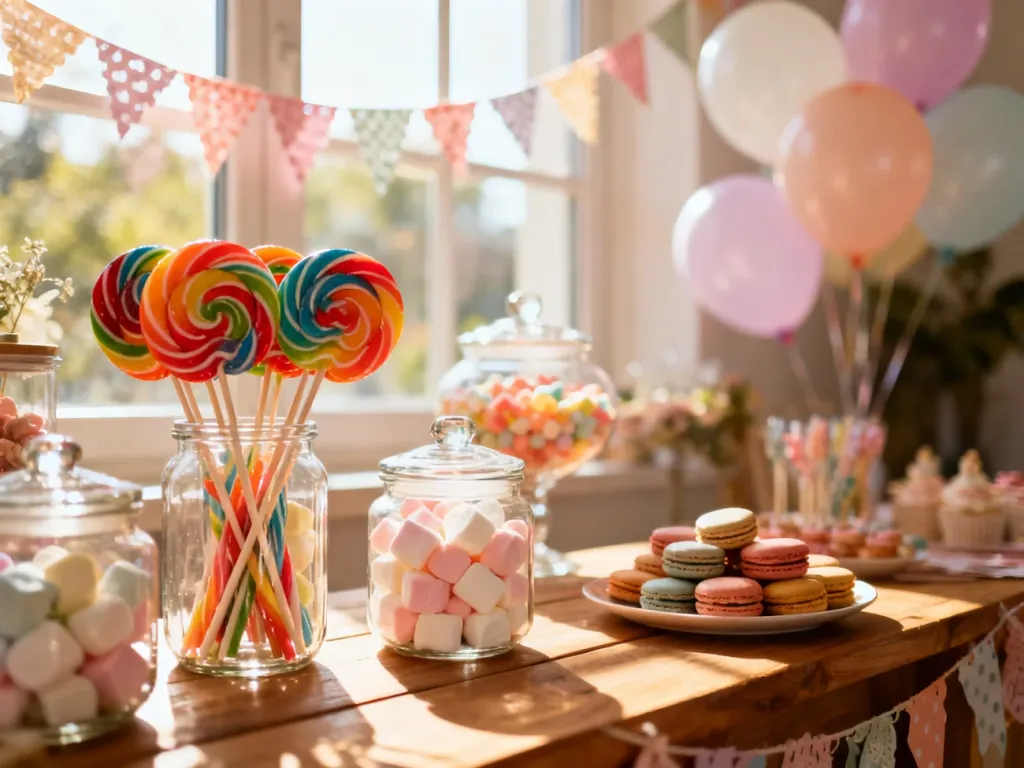 Kolorowy candy bar na drewnianym stole z szklanymi słoikami pełnymi słodyczy, idealny na urodziny dziecka.