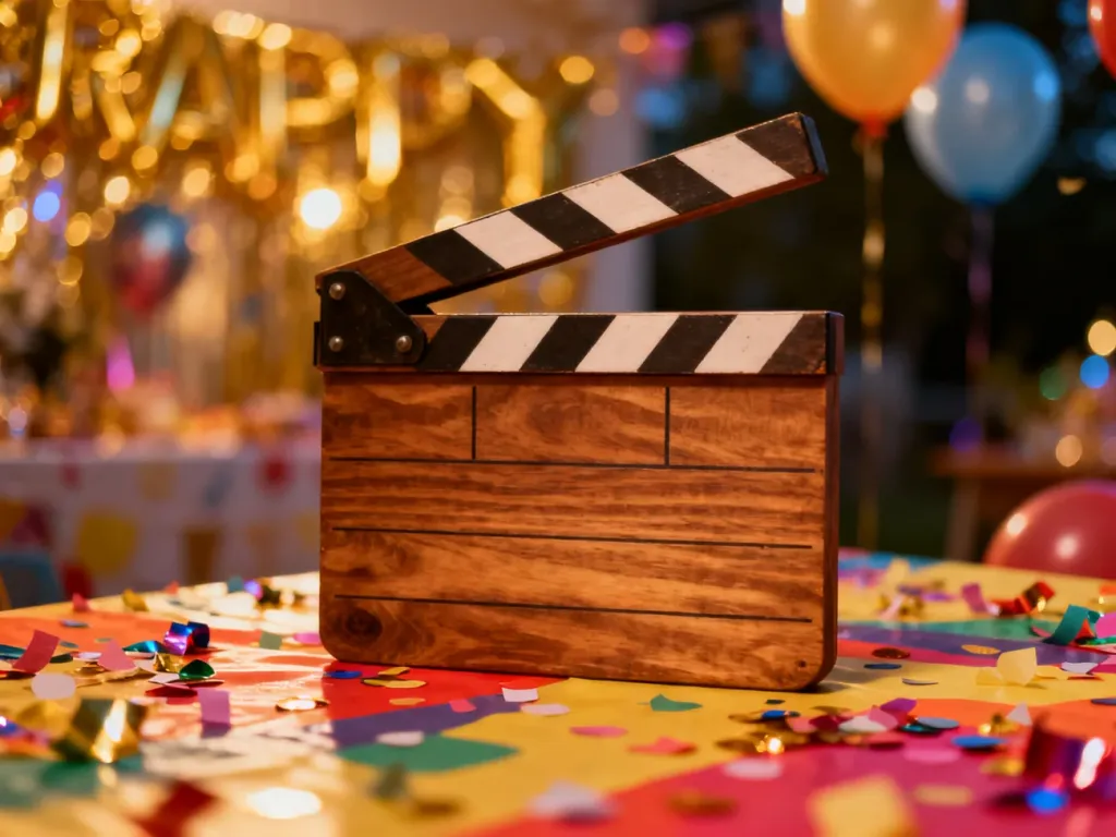 Drewniany klaps filmowy na urodzinowym stole w otoczeniu kolorowych dekoracji, wprowadzający w klimat zabawy w pantomimę.