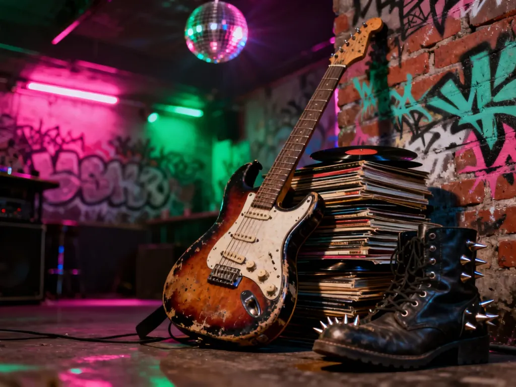 Klimatyczna scena z gitarą elektryczną, płytami winylowymi i skórzanymi butami w otoczeniu graffiti i neonowego oświetlenia.