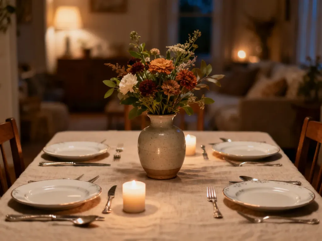 Elegancko nakryty stół z kwiatami, świecami i porcelaną, przygotowany na uroczystą kolację w przytulnym wnętrzu.