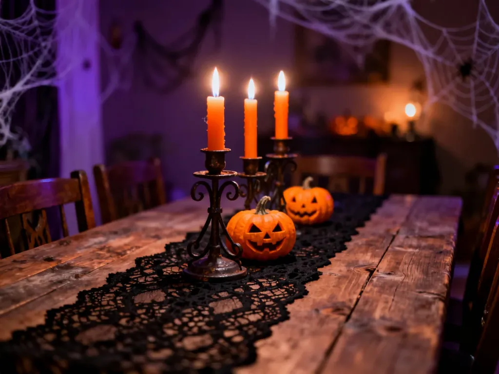 Stół halloweenowy z czarnym bieżnikiem, świecami i małymi dyniami, tworzący mroczny, nastrojowy klimat w jadalni.
