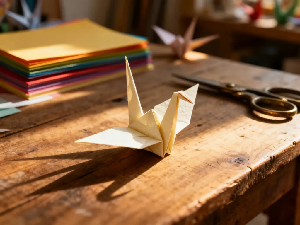 Delikatny żuraw z kremowego papieru origami na rustykalnym drewnianym stole w ciepłym świetle słonecznym.