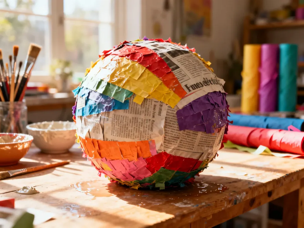 Kolorowa piniata z papier-mâché schnąca na drewnianym stole w słonecznej pracowni rzemieślniczej.