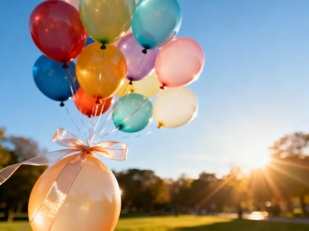 Kolorowe balony z helem unoszące się na tle błękitnego nieba, z widoczną warstwą ochronną na wstążce.