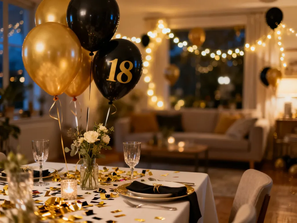 Elegancko nakryty stół na osiemnastkę w czarno-złotej kolorystyce z balonami, konfetti i stylową zastawą.