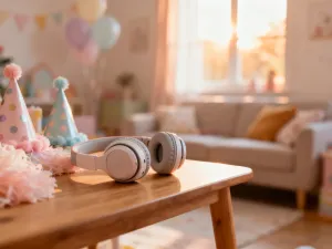 Puszysty pompon z białego tiulu leżący na drewnianym stole w otoczeniu akcesoriów krawieckich.