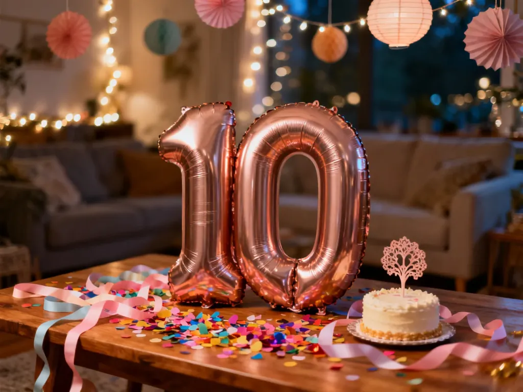 Elegancki balon w kształcie liczby 10 na stole z konfetti i pastelowymi dekoracjami, idealny na dziesiąte urodziny.