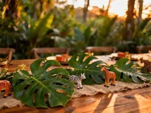 Kalendarz z zaznaczoną datą, koperty i czapeczki urodzinowe na stole, symbolizujące planowanie przyjęcia dla dziecka.