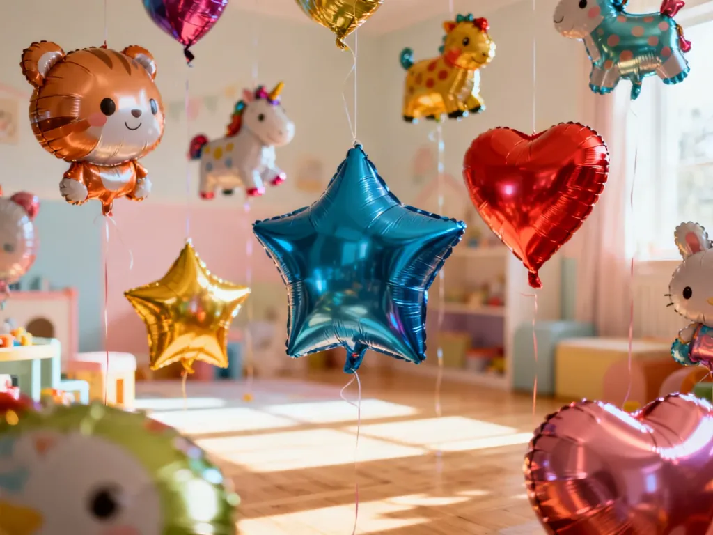 Kolorowe balony foliowe w kształtach zwierząt, serc i gwiazd unoszące się w jasnym, przytulnym pokoju dziecięcym.