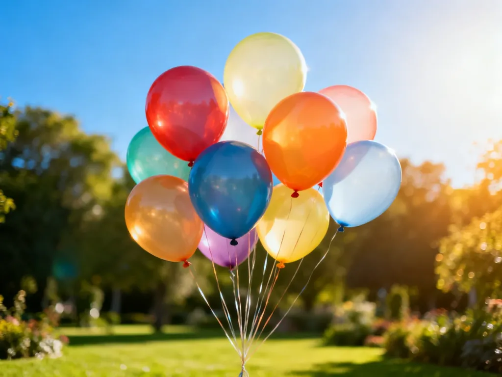 Kolorowe balony unoszące się w powietrzu na tle błękitnego nieba i zielonego ogrodu.
