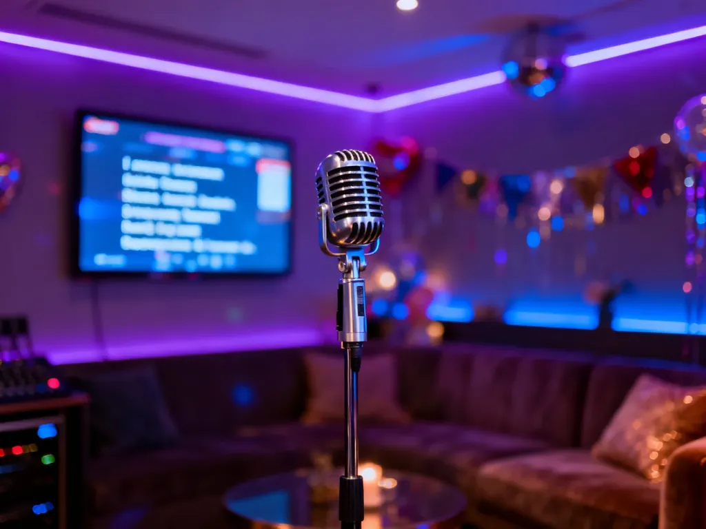 Profesjonalny zestaw do karaoke w przytulnym salonie z nastrojowym oświetleniem, gotowy na wieczorną imprezę.