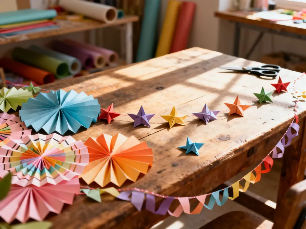 Kolorowe, ręcznie wykonane papierowe dekoracje, wachlarze i gwiazdki origami rozłożone na drewnianym stole.