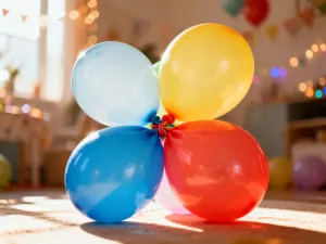 Częściowo napompowany balon foliowy w kształcie litery leżący na drewnianym stole w świątecznej scenerii.