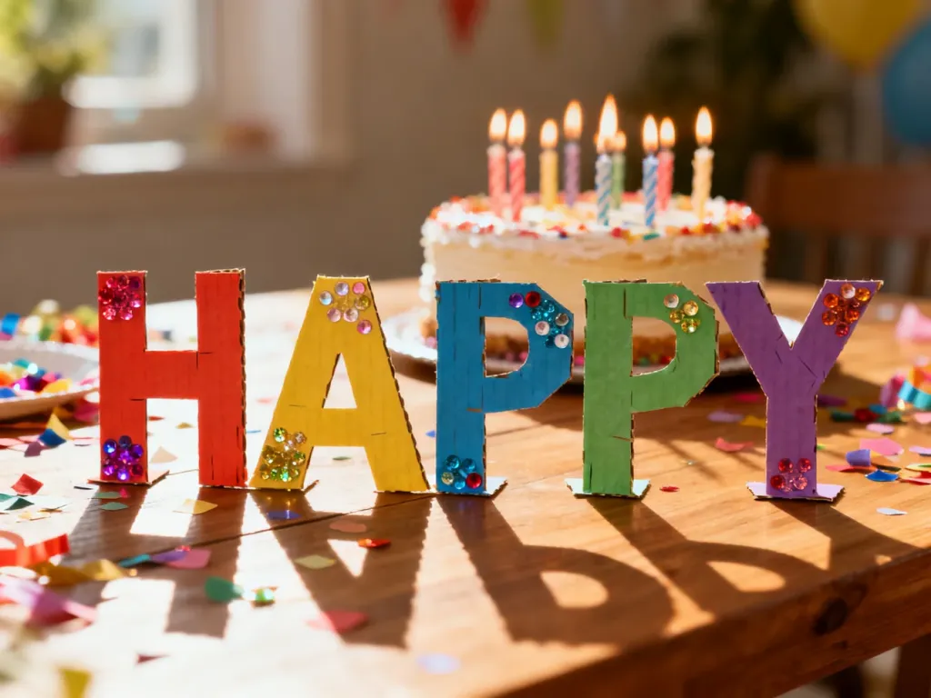 Kolorowe, ręcznie wykonane kartonowe litery „HAPPY” z brokatem na drewnianym stole, przygotowane na przyjęcie urodzinowe.