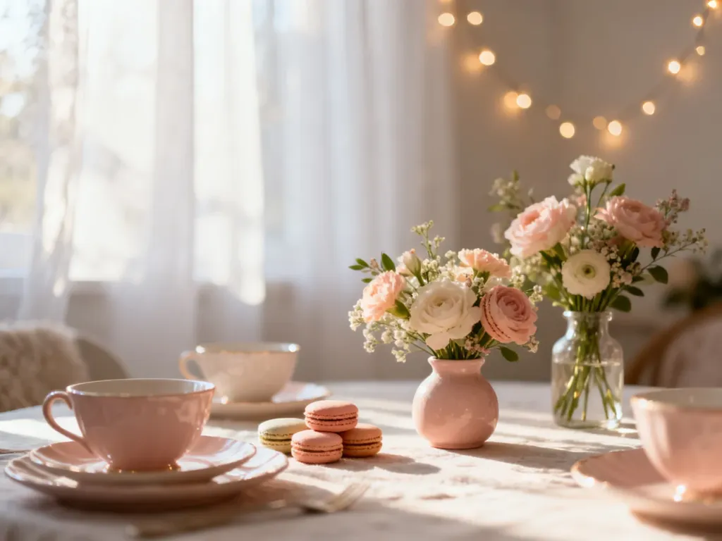 Elegancko nakryty stół na baby shower w pastelowych barwach, udekorowany kwiatami i słodkościami w przytulnym wnętrzu.