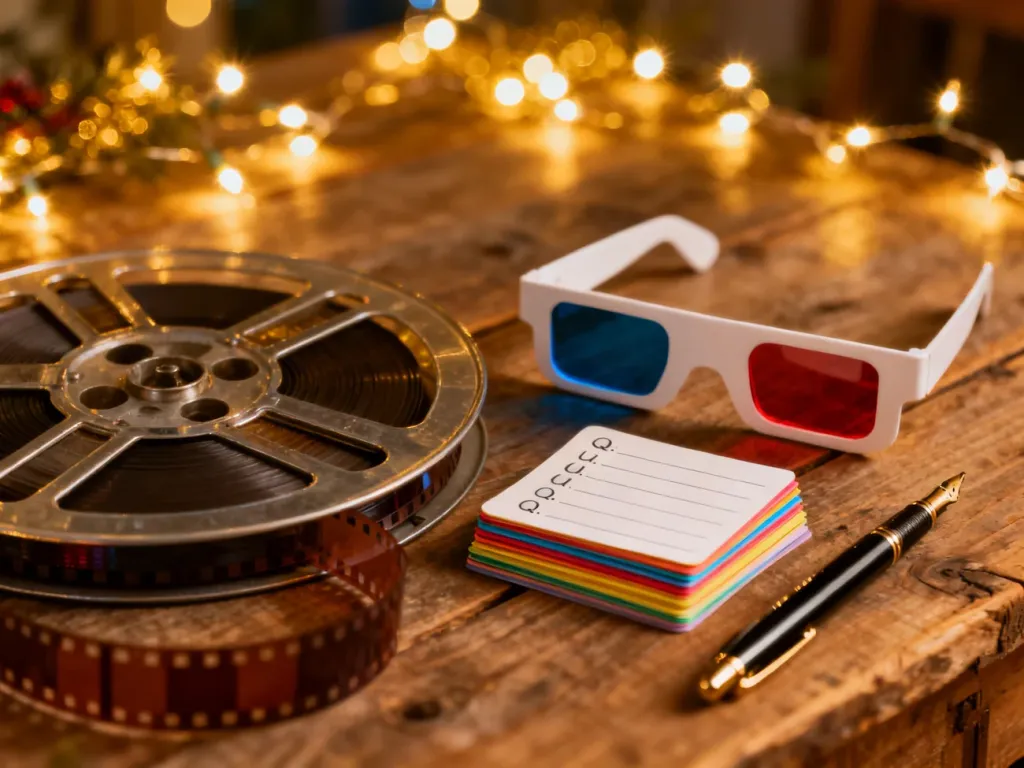 Drewniany stół z taśmą filmową, okularami 3D i pustymi kartami do quizu, przygotowany na wieczór z filmowymi zagadkami.