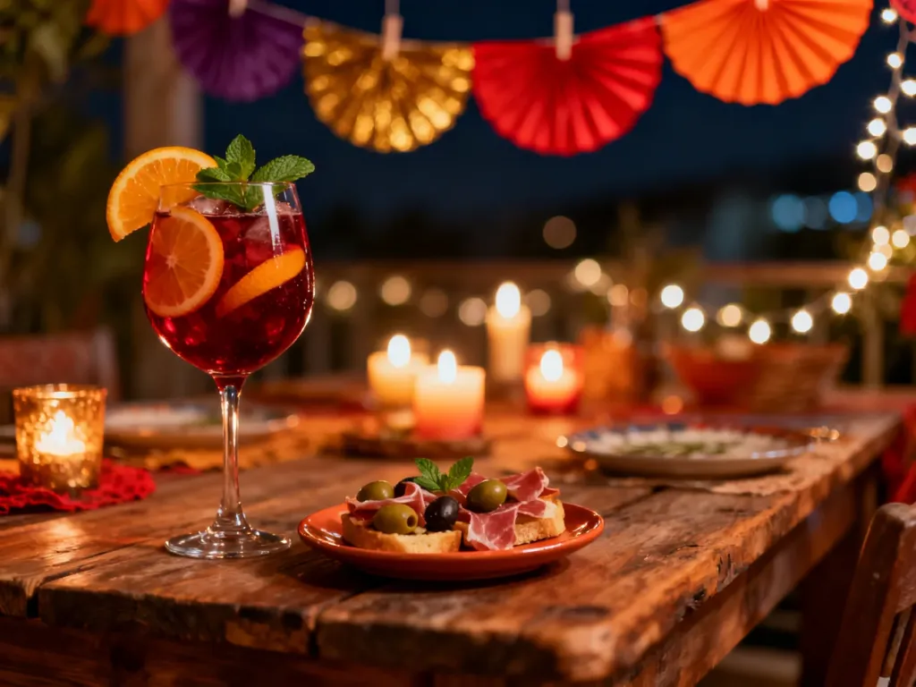 Stół z sangrią i tapas w hiszpańskim stylu, tworzący klimatyczną atmosferę wieczornego przyjęcia.