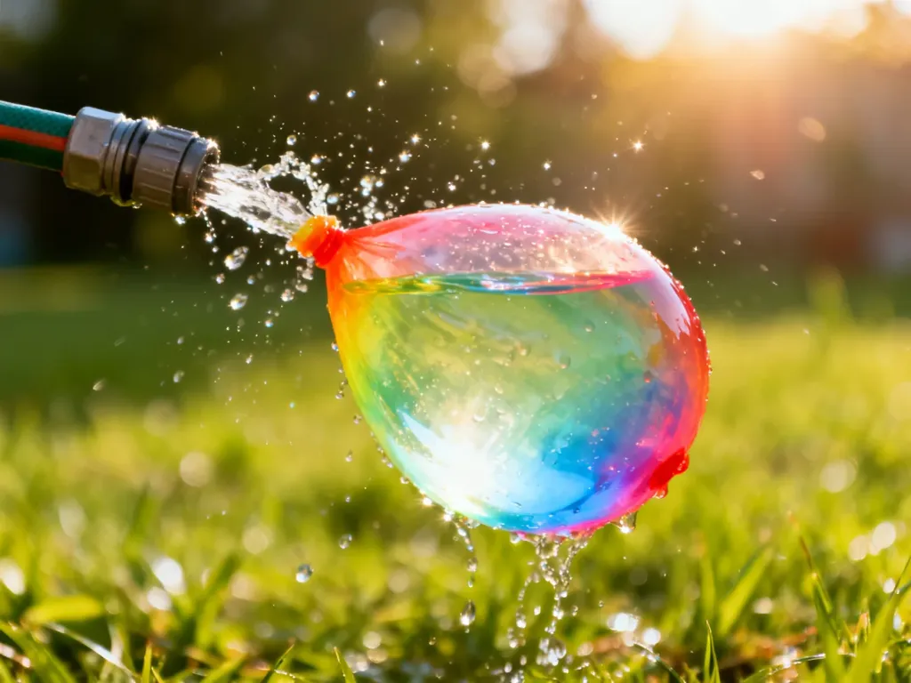 Kolorowy balon napełniany wodą z węża ogrodowego, z widocznymi rozpryskującymi się kroplami w słoneczny dzień.