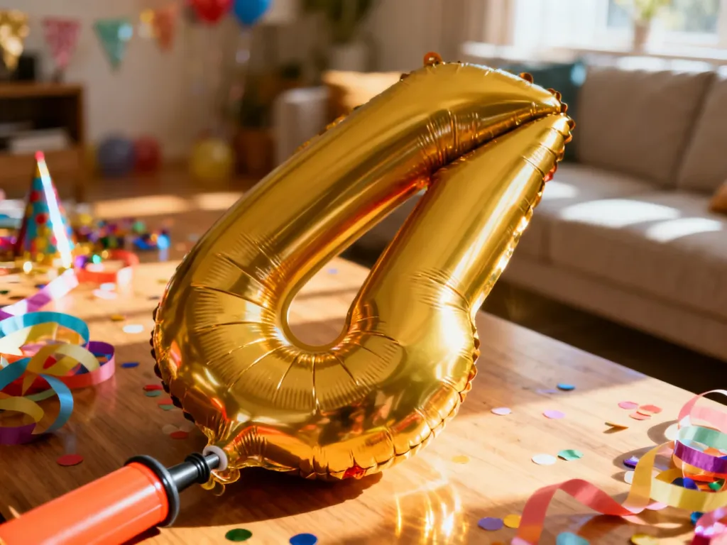 Złoty balon w kształcie cyfry napełniany powietrzem za pomocą ręcznej pompki w świątecznej scenerii.