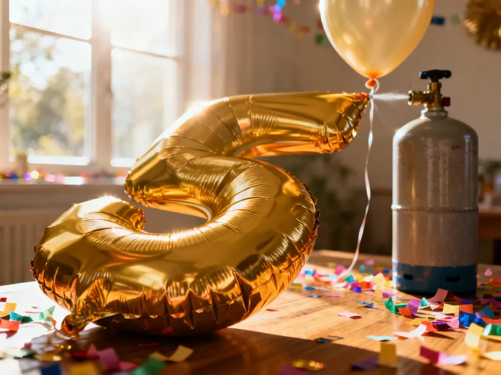 Złoty balon w kształcie cyfry napełniany helem z butli w świątecznej scenerii.